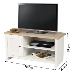 Meuble TV avec 2 niches et 1 porte design colonial 95x40xH49 cm, coloris blanc et plateau chene clair Collection MADERA