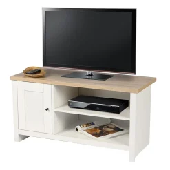 Meuble TV avec 2 niches et 1 porte design colonial 95x40xH49 cm, coloris blanc et plateau chene clair Collection MADERA