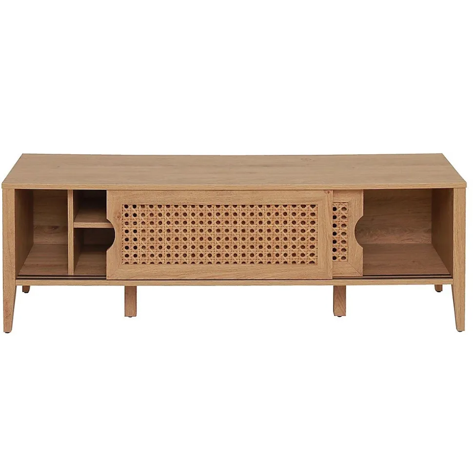 Meuble TV avec 2 Portes Coulissantes Décor Rotin - L138 cm