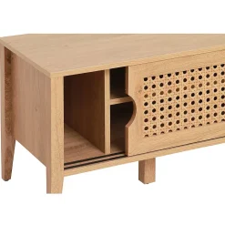 Meuble TV avec 2 Portes Coulissantes Décor Rotin - L138 cm