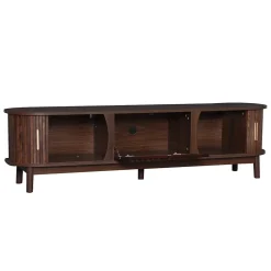 Meuble TV avec 2 portes coulissantes et 1 porte battante centrale, structure MDF à 5 pieds, 165x39,5x46 cm, brun
