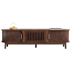 Meuble TV avec 2 portes coulissantes et 1 porte battante centrale, structure MDF à 5 pieds, 165x39,5x46 cm, brun