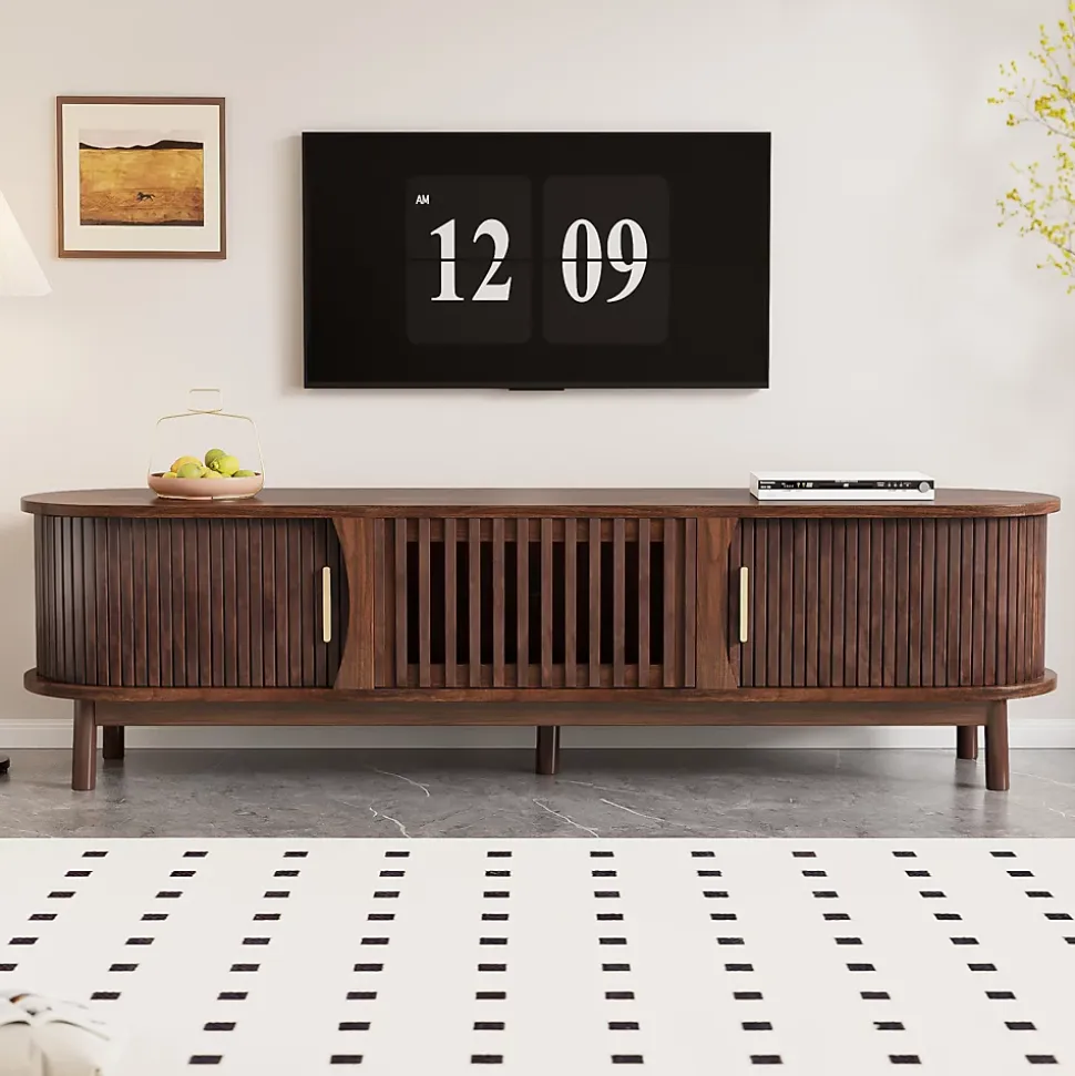 Meuble TV avec 2 portes coulissantes et 1 porte battante centrale, structure MDF à 5 pieds, 165x39,5x46 cm, brun