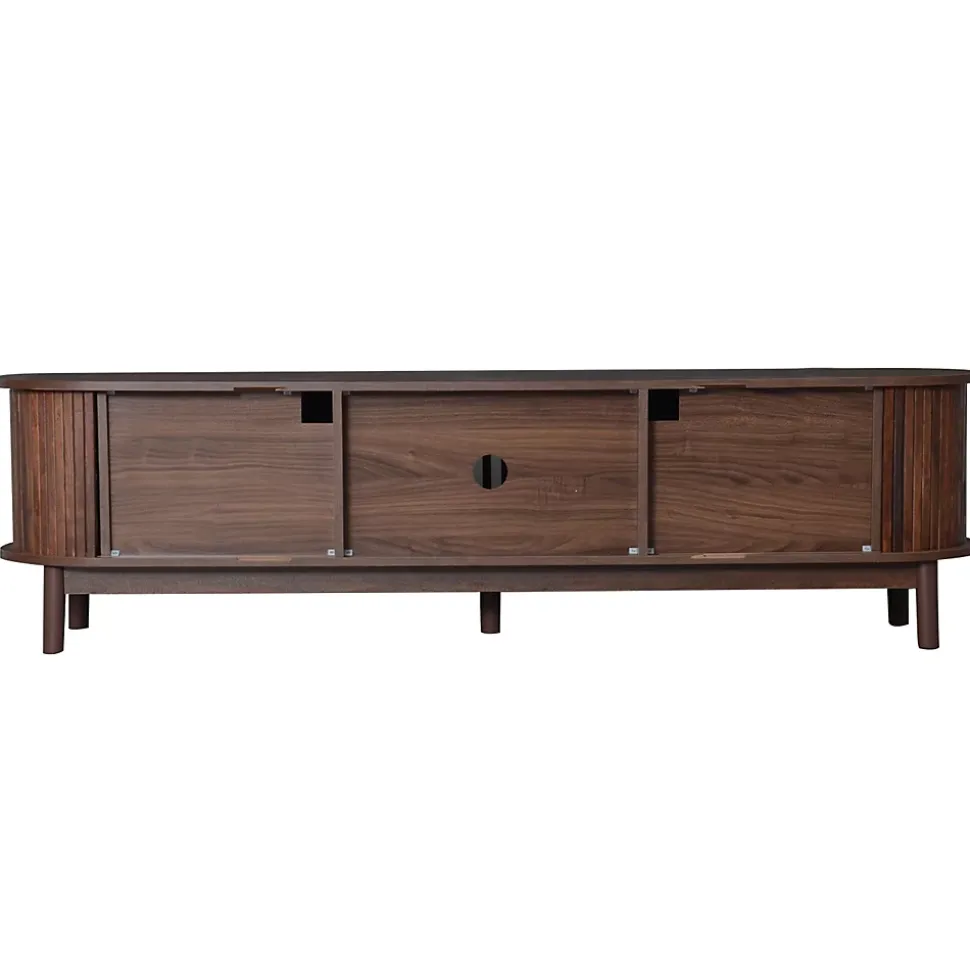 Meuble TV avec 2 portes coulissantes et 1 porte battante centrale, structure MDF à 5 pieds, 165x39,5x46 cm, brun