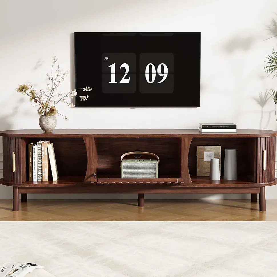 Meuble TV avec 2 portes coulissantes et 1 porte battante centrale, structure MDF à 5 pieds, 165x39,5x46 cm, brun