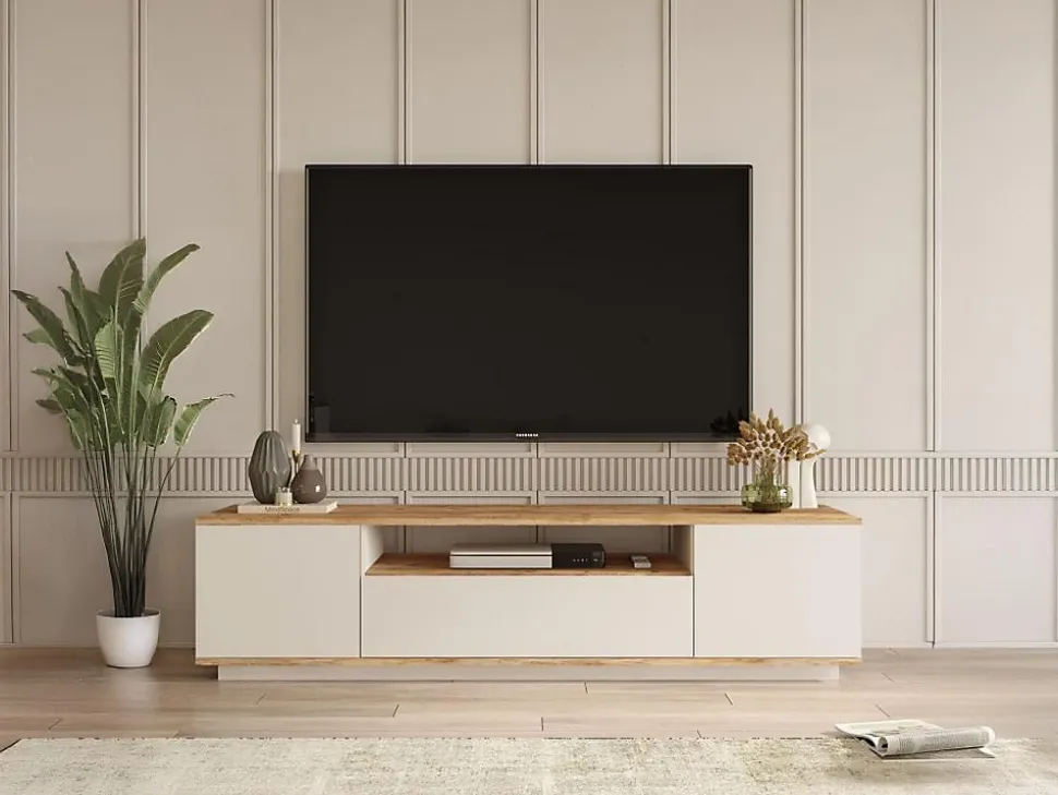 Meuble TV avec 3 portes et 1 niche - Beige et naturel - LOTULA