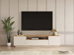 Meuble TV avec 3 portes et 1 niche - Beige et naturel - LOTULA