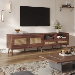 Meuble TV avec 2 Portes et 2 Tiroirs, Style Rétro Naturel en Rotin Tressé, Panneau de Particules, 200x37x49,5 cm - Brun