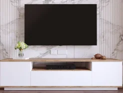 Meuble TV avec 3 portes et 1 niche - Blanc et naturel - LOTULA
