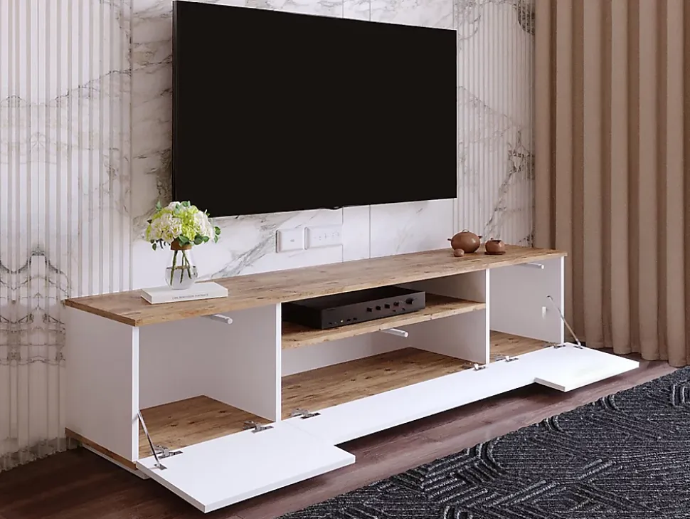 Meuble TV avec 3 portes et 1 niche - Blanc et naturel - LOTULA