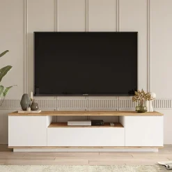 Meuble TV avec 3 portes et 1 niche - Blanc et naturel - LOTULA
