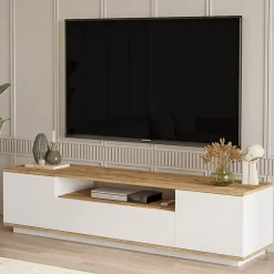 Meuble TV avec 3 portes et 1 niche - Blanc et naturel - LOTULA