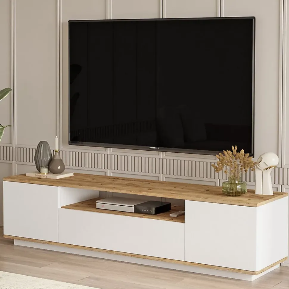 Meuble TV avec 3 portes et 1 niche - Blanc et naturel - LOTULA