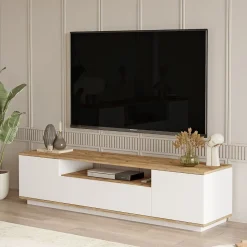 Meuble TV avec 3 portes et 1 niche - Blanc et naturel - LOTULA