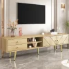 Meuble TV avec 2 Tiroirs et Portes Décoratives - Pieds en Métal Doré - MDF et Panneaux de Particules - 160x36x42 cm - Naturel