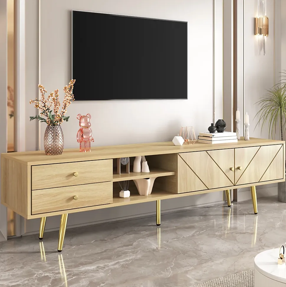 Meuble TV avec 2 Tiroirs et Portes Décoratives - Pieds en Métal Doré - MDF et Panneaux de Particules - 160x36x42 cm - Naturel