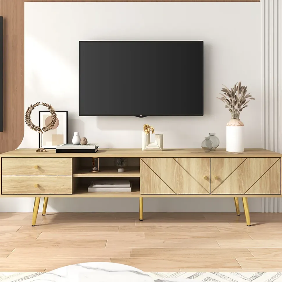 Meuble TV avec 2 Tiroirs et Portes Décoratives - Pieds en Métal Doré - MDF et Panneaux de Particules - 160x36x42 cm - Naturel