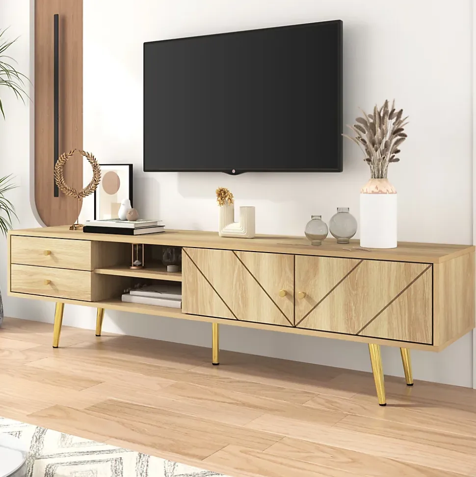 Meuble TV avec 2 Tiroirs et Portes Décoratives - Pieds en Métal Doré - MDF et Panneaux de Particules - 160x36x42 cm - Naturel