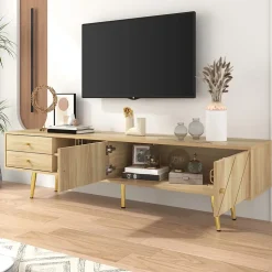 Meuble TV avec 2 Tiroirs et Portes Décoratives - Pieds en Métal Doré - MDF et Panneaux de Particules - 160x36x42 cm - Naturel