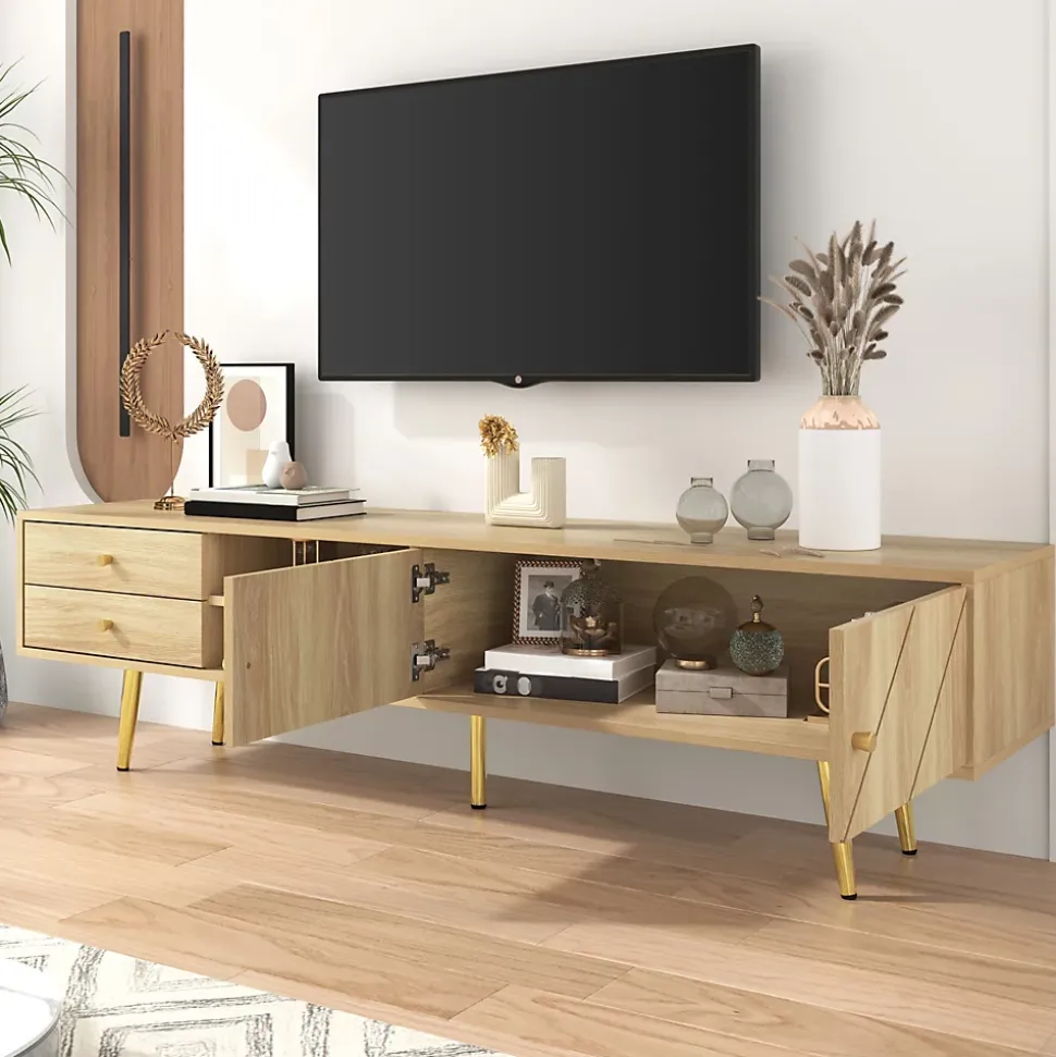 Meuble TV avec 2 Tiroirs et Portes Décoratives - Pieds en Métal Doré - MDF et Panneaux de Particules - 160x36x42 cm - Naturel