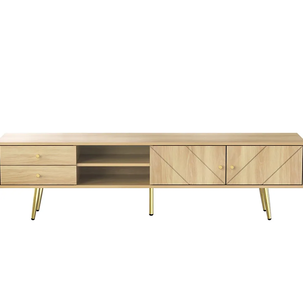 Meuble TV avec 2 Tiroirs et Portes Décoratives - Pieds en Métal Doré - MDF et Panneaux de Particules - 160x36x42 cm - Naturel