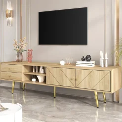 Meuble TV avec 2 Tiroirs et Portes Décoratives - Pieds en Métal Doré - MDF et Panneaux de Particules - 160x36x42 cm - Naturel