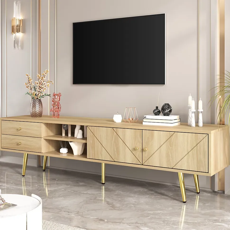 Meuble TV avec 2 Tiroirs et Portes Décoratives - Pieds en Métal Doré - MDF et Panneaux de Particules - 160x36x42 cm - Naturel