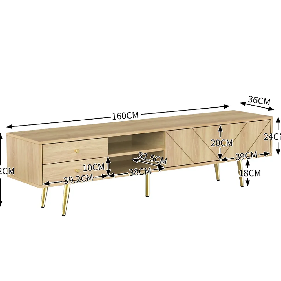 Meuble TV avec 2 Tiroirs et Portes Décoratives - Pieds en Métal Doré - MDF et Panneaux de Particules - 160x36x42 cm - Naturel