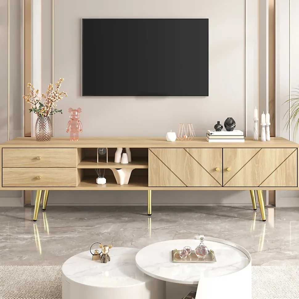 Meuble TV avec 2 Tiroirs et Portes Décoratives - Pieds en Métal Doré - MDF et Panneaux de Particules - 160x36x42 cm - Naturel