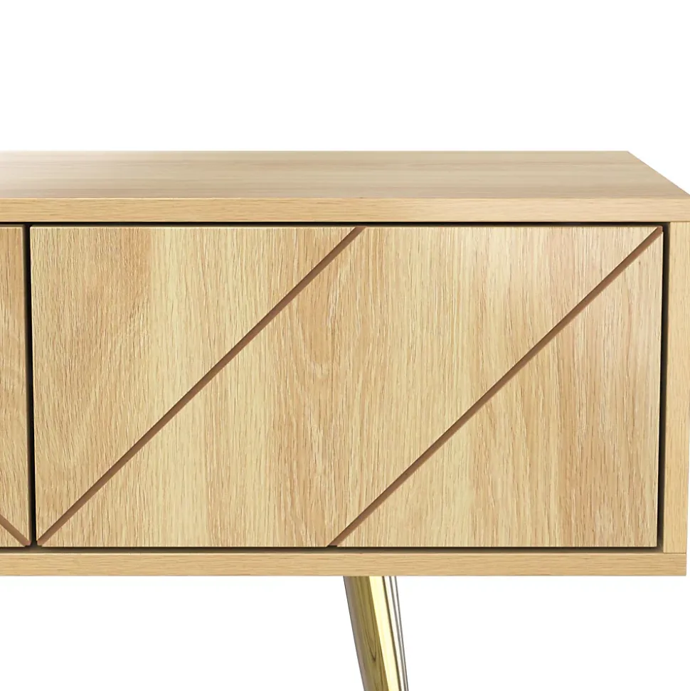 Meuble TV avec 2 Tiroirs et Portes Décoratives - Pieds en Métal Doré - MDF et Panneaux de Particules - 160x36x42 cm - Naturel