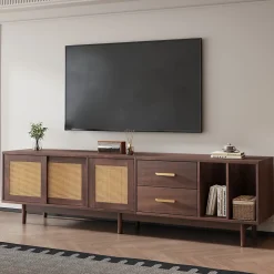 Meuble TV avec 2 Tiroirs et 2 Portes en Rotin Tressé, Pour Écran Jusqu'à 80 Pouces, 190x40x52 cm - Brun