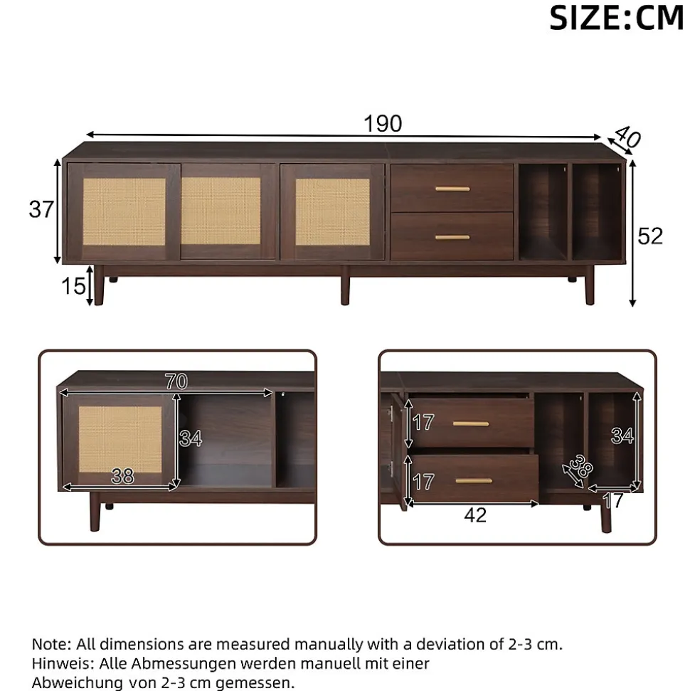 Meuble TV avec 2 Tiroirs et 2 Portes en Rotin Tressé, Pour Écran Jusqu'à 80 Pouces, 190x40x52 cm - Brun