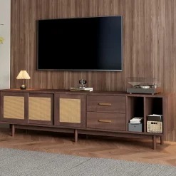 Meuble TV avec 2 Tiroirs et 2 Portes en Rotin Tressé, Pour Écran Jusqu'à 80 Pouces, 190x40x52 cm - Brun