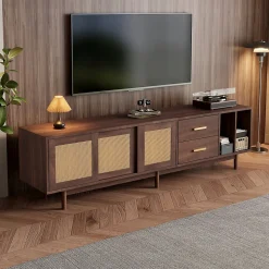 Meuble TV avec 2 Tiroirs et 2 Portes en Rotin Tressé, Pour Écran Jusqu'à 80 Pouces, 190x40x52 cm - Brun