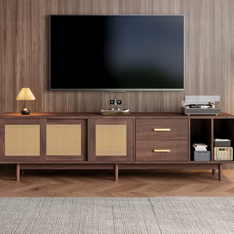 Meuble TV avec 2 Tiroirs et 2 Portes en Rotin Tressé, Pour Écran Jusqu'à 80 Pouces, 190x40x52 cm - Brun