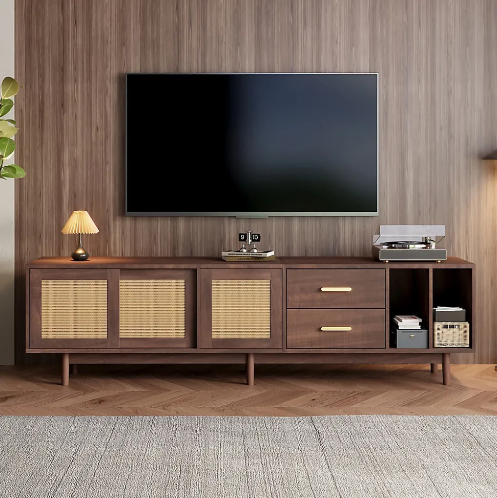 Meuble TV avec 2 Tiroirs et 2 Portes en Rotin Tressé, Pour Écran Jusqu'à 80 Pouces, 190x40x52 cm - Brun