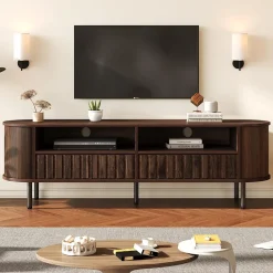 Meuble TV avec 2 Tiroirs et Compartiments Semi-Ouverts, Design Minimaliste MDF avec Pieds Métal - 160x40x48 cm - Noyer