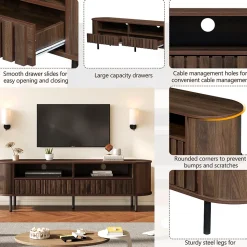 Meuble TV avec 2 Tiroirs et Compartiments Semi-Ouverts, Design Minimaliste MDF avec Pieds Métal - 160x40x48 cm - Noyer