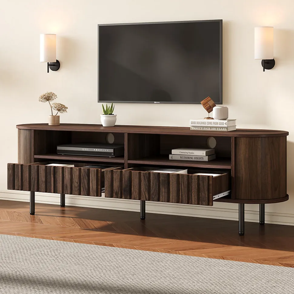 Meuble TV avec 2 Tiroirs et Compartiments Semi-Ouverts, Design Minimaliste MDF avec Pieds Métal - 160x40x48 cm - Noyer