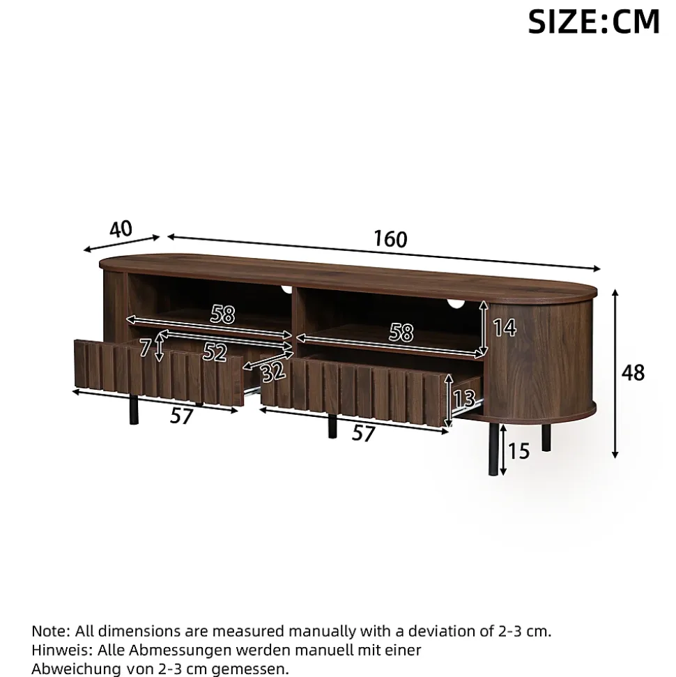 Meuble TV avec 2 Tiroirs et Compartiments Semi-Ouverts, Design Minimaliste MDF avec Pieds Métal - 160x40x48 cm - Noyer