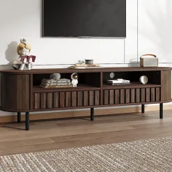 Meuble TV avec 2 Tiroirs et Compartiments Semi-Ouverts, Design Minimaliste MDF avec Pieds Métal - 160x40x48 cm - Noyer