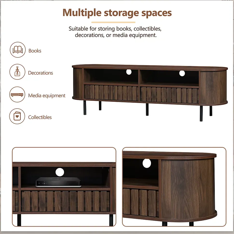Meuble TV avec 2 Tiroirs et Compartiments Semi-Ouverts, Design Minimaliste MDF avec Pieds Métal - 160x40x48 cm - Noyer