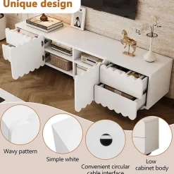 Meuble TV avec 4 Tiroirs et 2 Portes, Rangements Fonctionnels en MDF et Panneaux de Particules - 175x38x37 cm Blanc