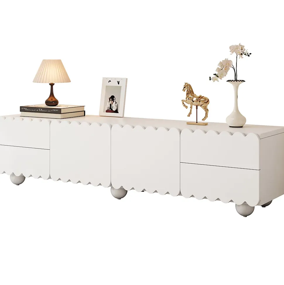 Meuble TV avec 4 Tiroirs et 2 Portes, Rangements Fonctionnels en MDF et Panneaux de Particules - 175x38x37 cm Blanc