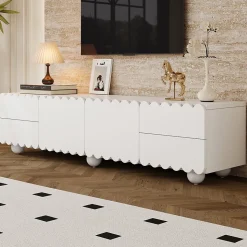 Meuble TV avec 4 Tiroirs et 2 Portes, Rangements Fonctionnels en MDF et Panneaux de Particules - 175x38x37 cm Blanc