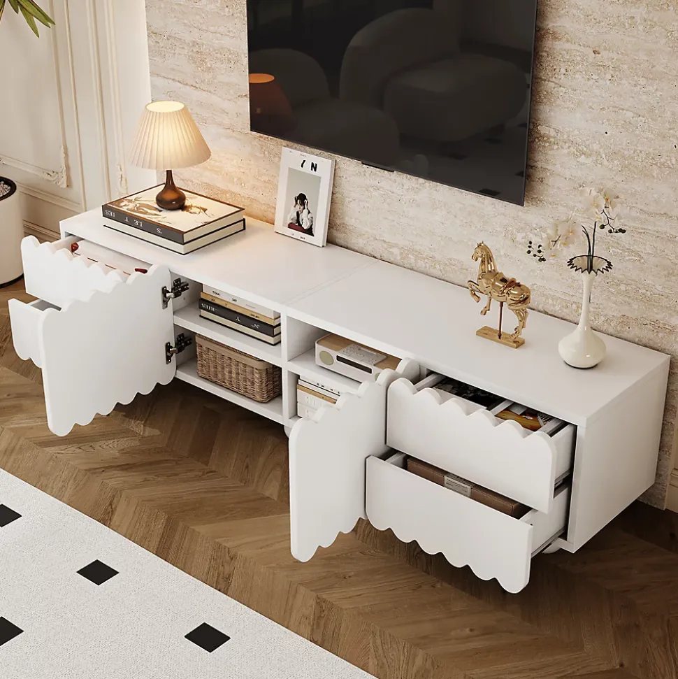 Meuble TV avec 4 Tiroirs et 2 Portes, Rangements Fonctionnels en MDF et Panneaux de Particules - 175x38x37 cm Blanc
