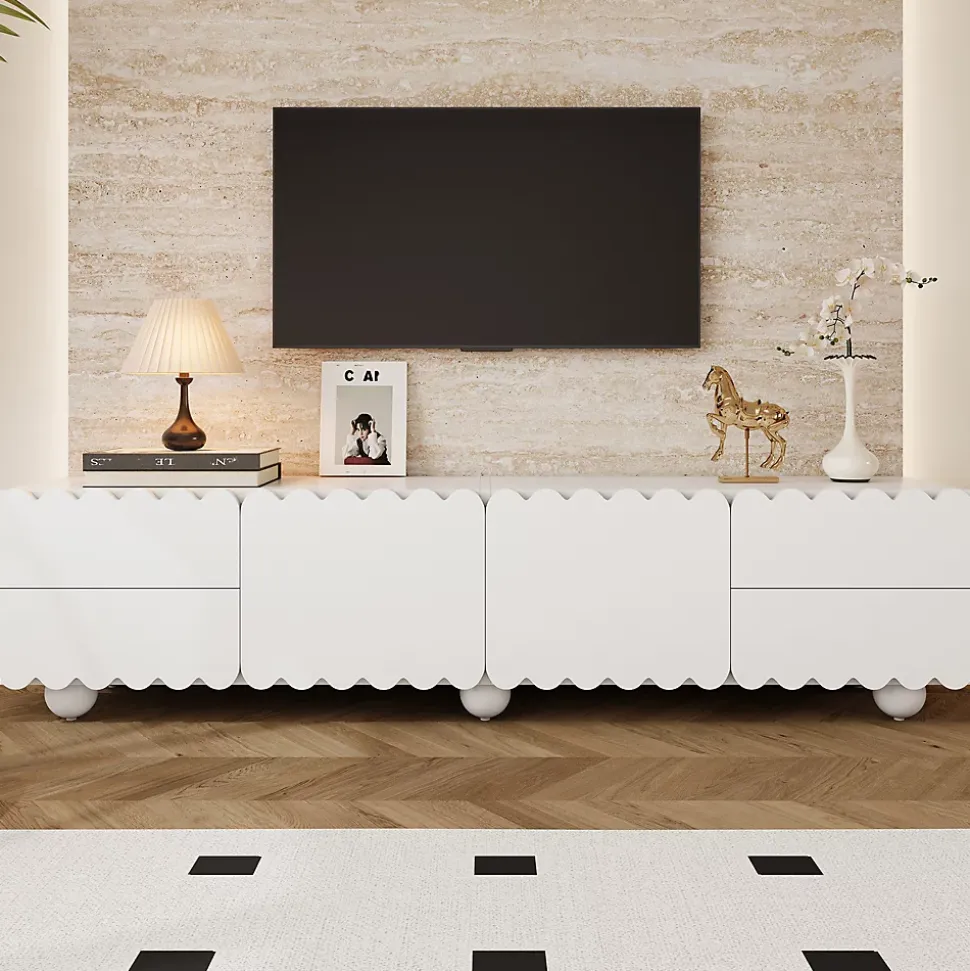 Meuble TV avec 4 Tiroirs et 2 Portes, Rangements Fonctionnels en MDF et Panneaux de Particules - 175x38x37 cm Blanc