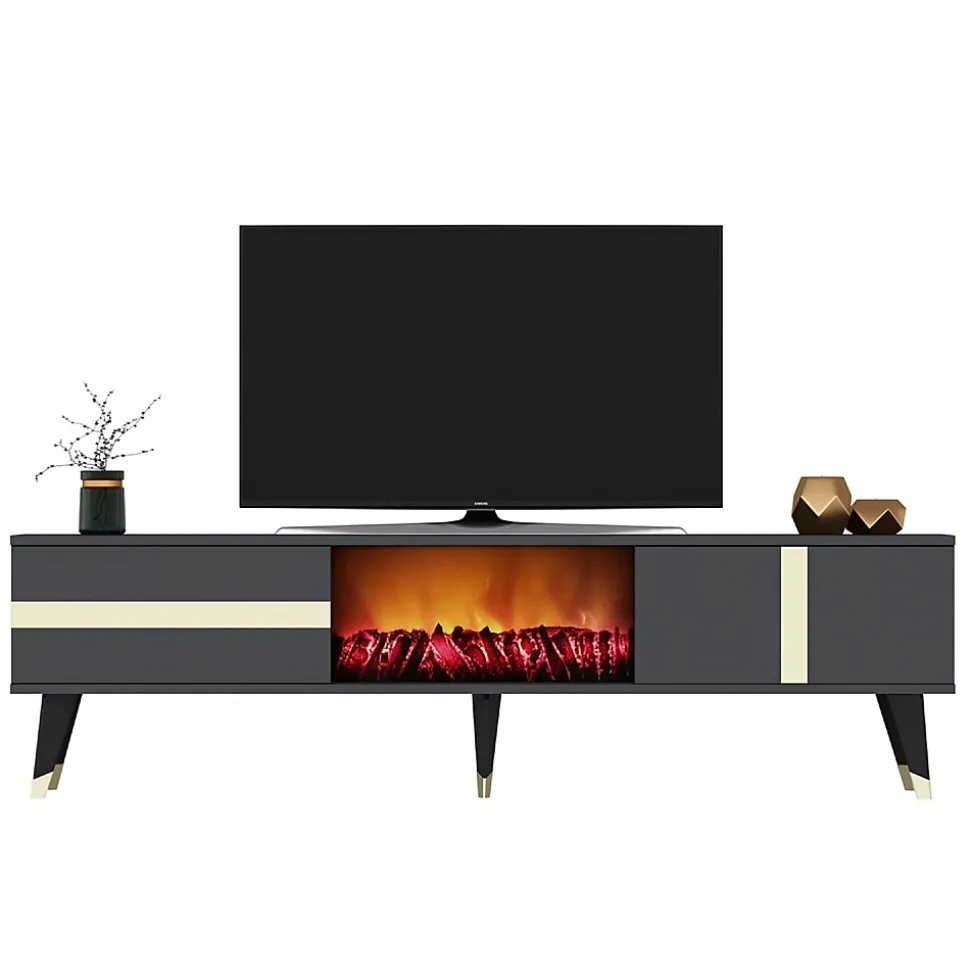 Meuble TV avec cheminée LED 150cm gris anthracite - SUNY