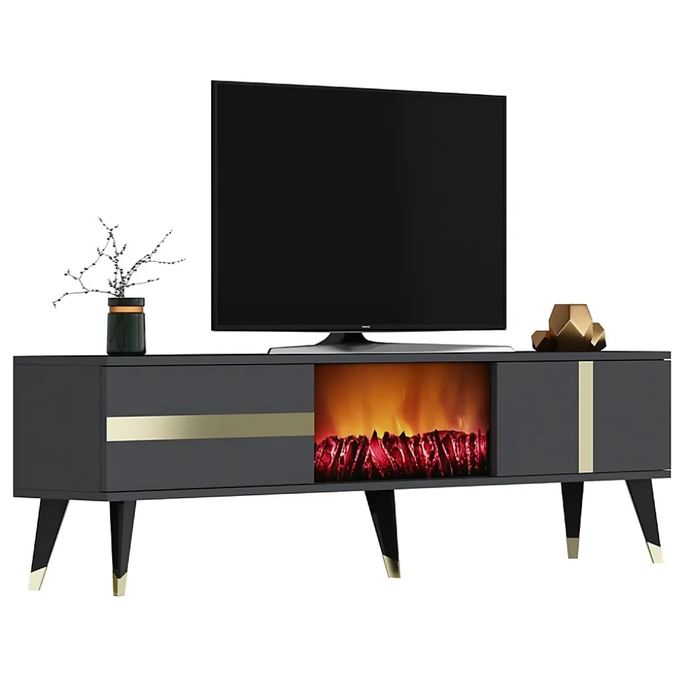 Meuble TV avec cheminée LED 150cm gris anthracite - SUNY