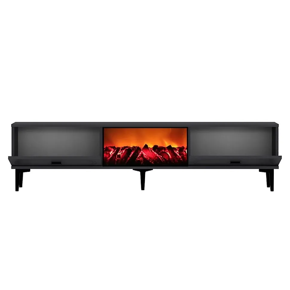 Meuble TV avec cheminée LED 150cm gris anthracite et noir - FYRA